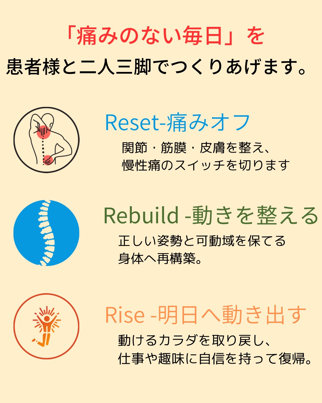 「痛みのない毎日」を患者様と二人三脚でつくりあげます。